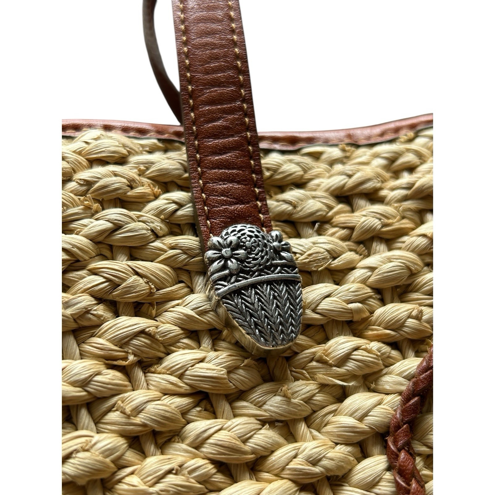 Brighton Straw Woven Tote Bag 3D Leather Flower Basket Heart Charm EUC