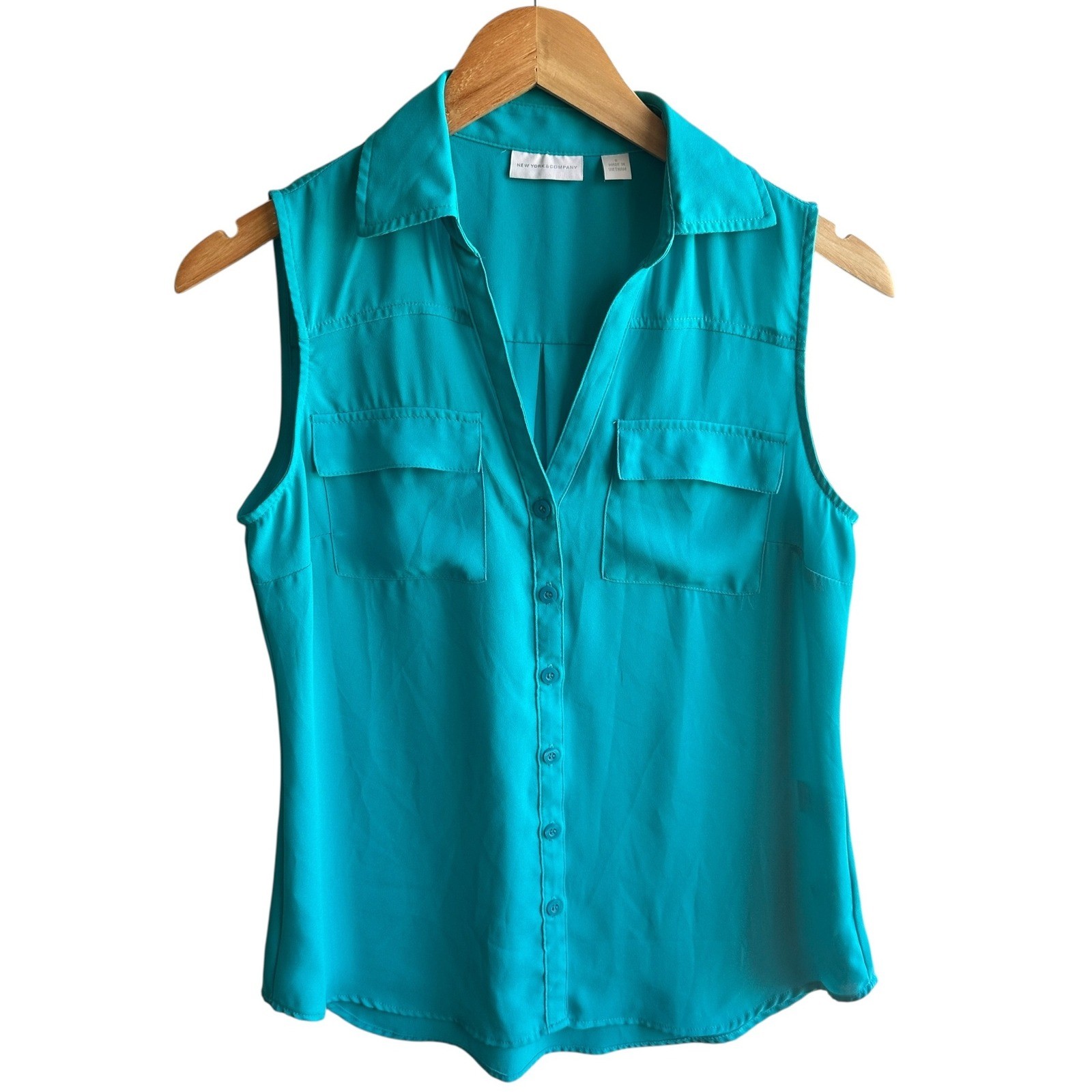 New York & Company Top Button Down Collared Teal Small Office Classic NWOT