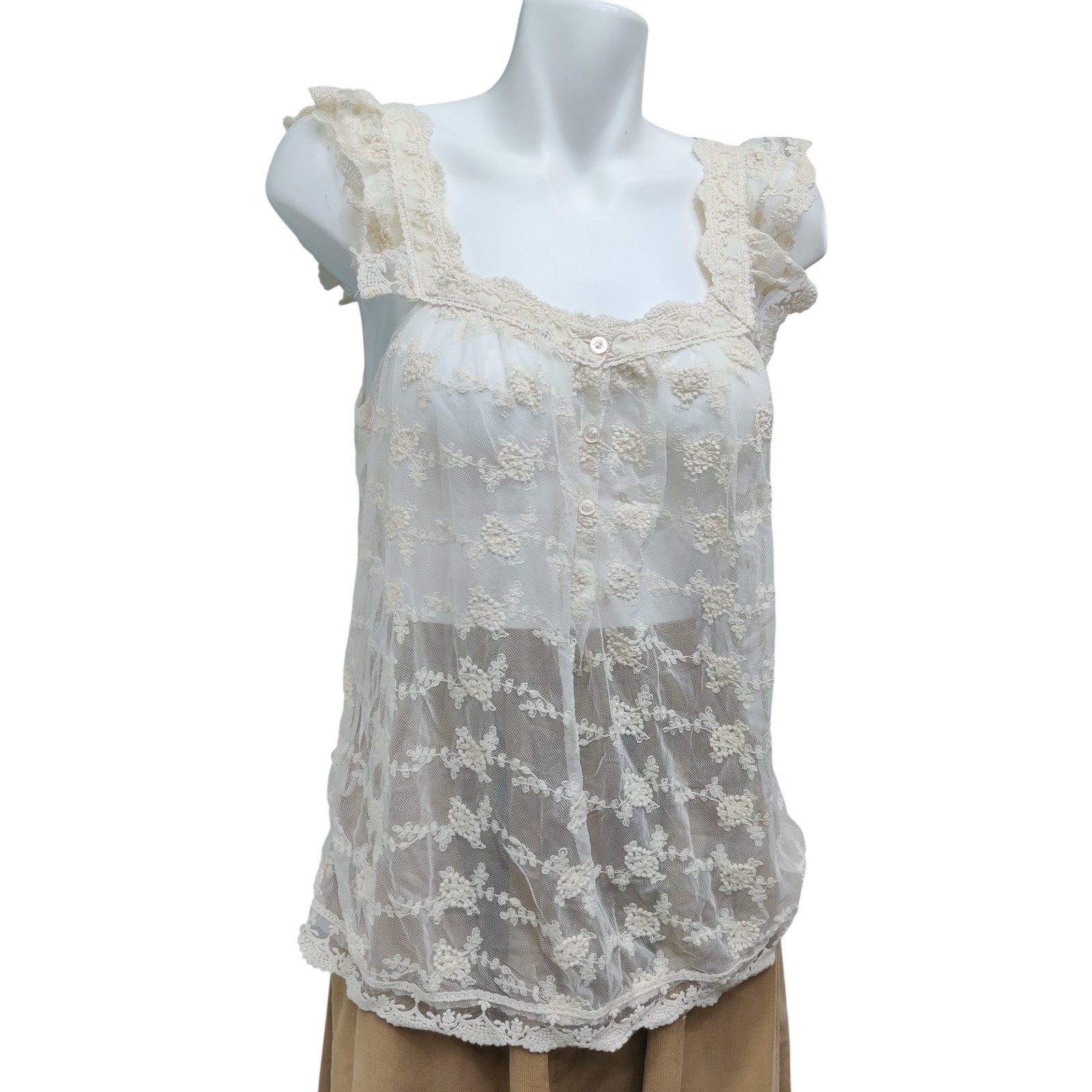 Pinky Lace Top Women’s L Cream Flowers Sheer Boho Cottage Embroidered Button-Up