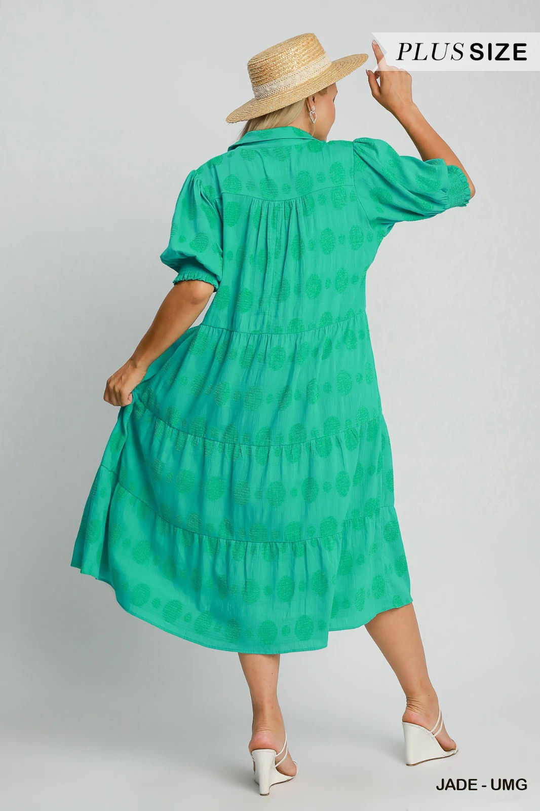 Plus Umgee Jade Polka Dot Print Maxi Dress w/ V Neck and 3/4 Sleeves