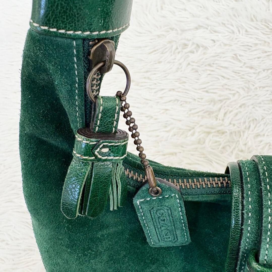 COACH Vintage Suede Hobo Shoulder Bag Green Gold Tassel Women 12.6in Lush Style