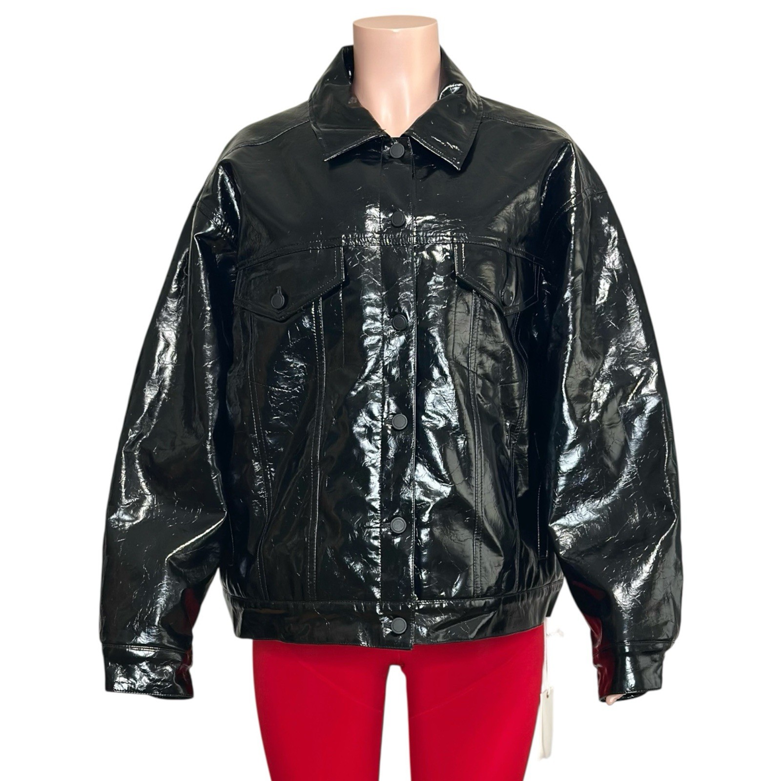 $225 NWT GOOD AMERICAN Faux Crinkle Leather Oversized Puffer Jacket, Black, L/XL