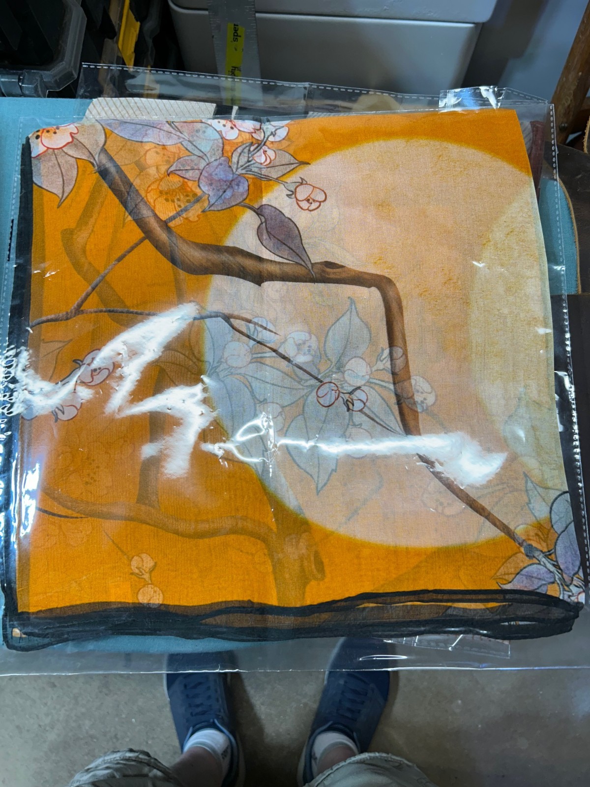 26 Inch Medium Square Orange, Tan and Black Floral Pattern 100% Silk Scarf-SS-33
