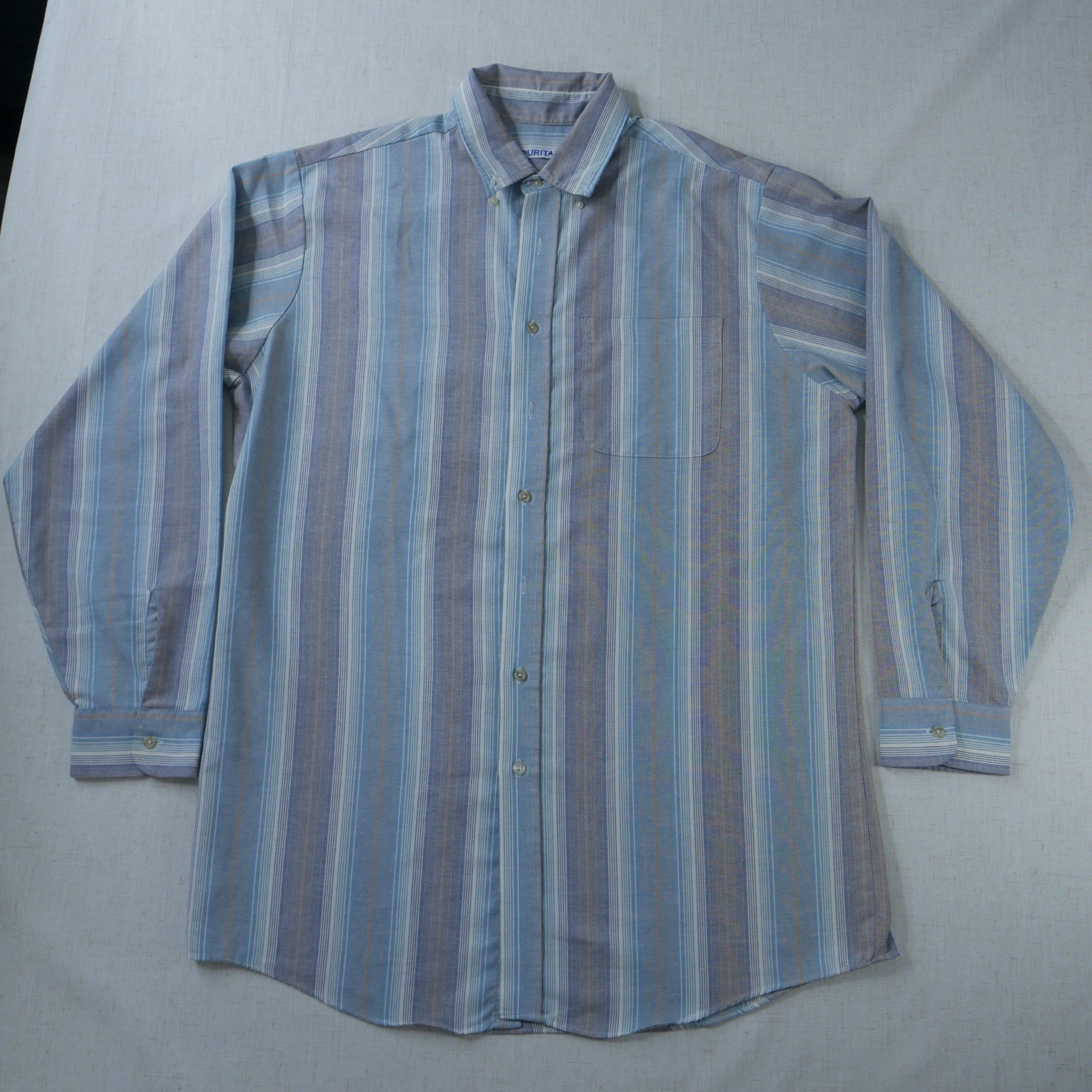 Vintage Puritan Mens 2XLT Striped Button Down Shirt Blue Olive Gold Long Sleeve