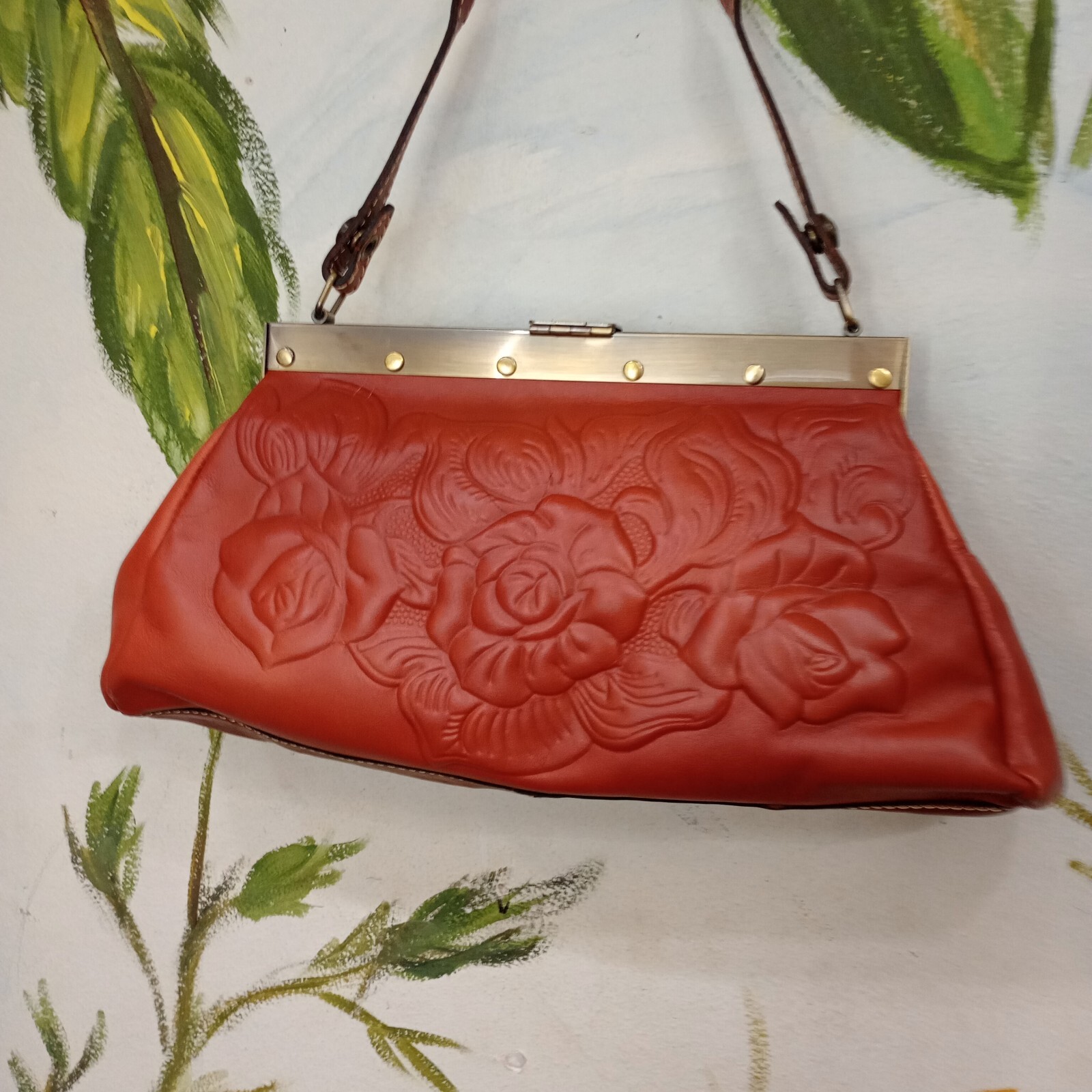 Patricia Nash Floral Embossed Cognac Leather bag Medium Brass Bottom Studs EUC