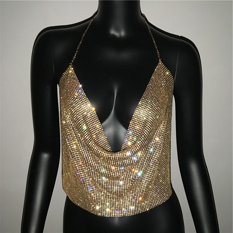 Women Sparkly Sexy Backless Crop Top Sleeveless Halter Metal Chain Club Party