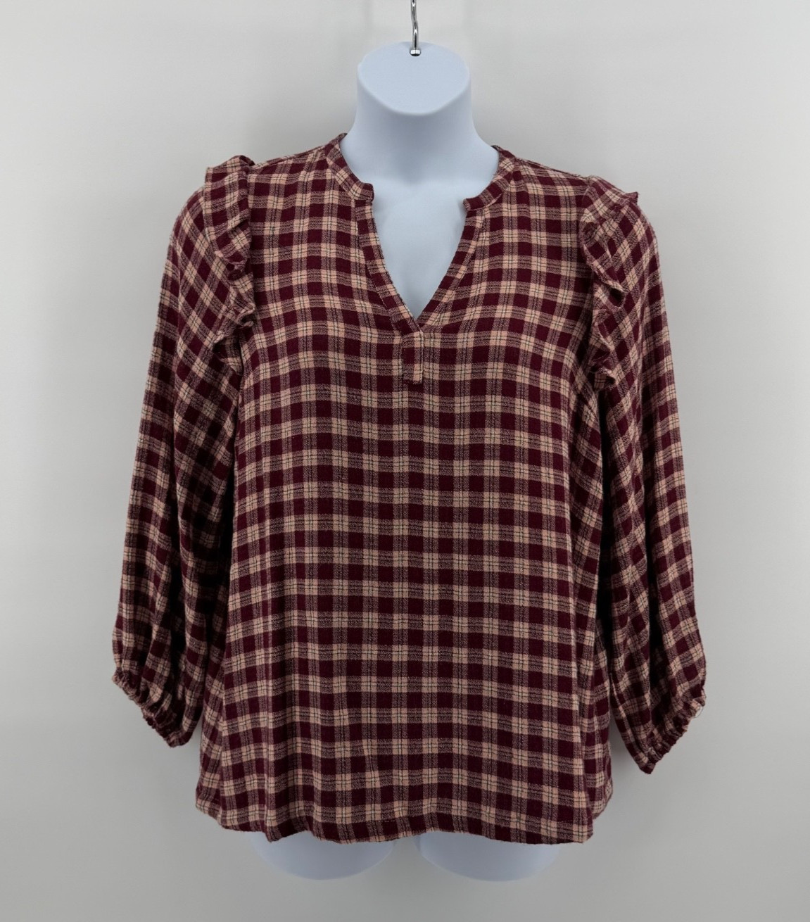 Marine Layer Plaid Blouse Women XL Peasant Burgundy Pink Ruffle Sleeve Boho
