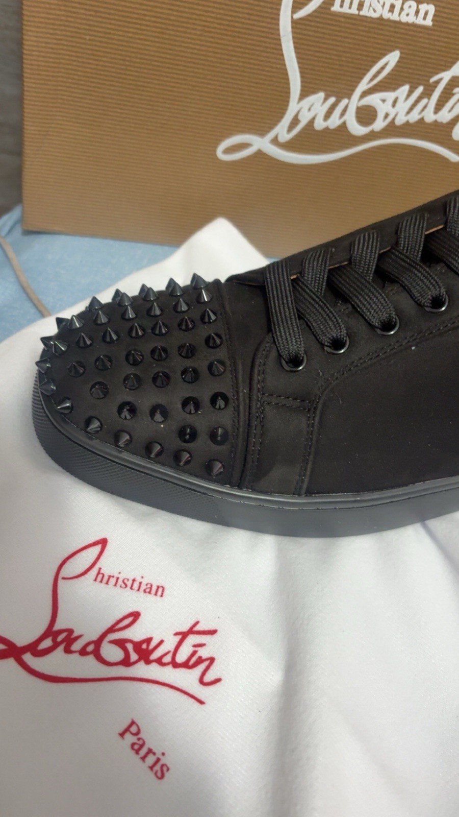 Christian Louboutin Louis Flat Calf Spikes Black Suede Low-Top Lace-Up