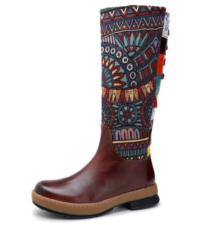 Womens Boho Leather Splicing Knee High Boots Zip Lace Up Shoes Casual Ethnic
