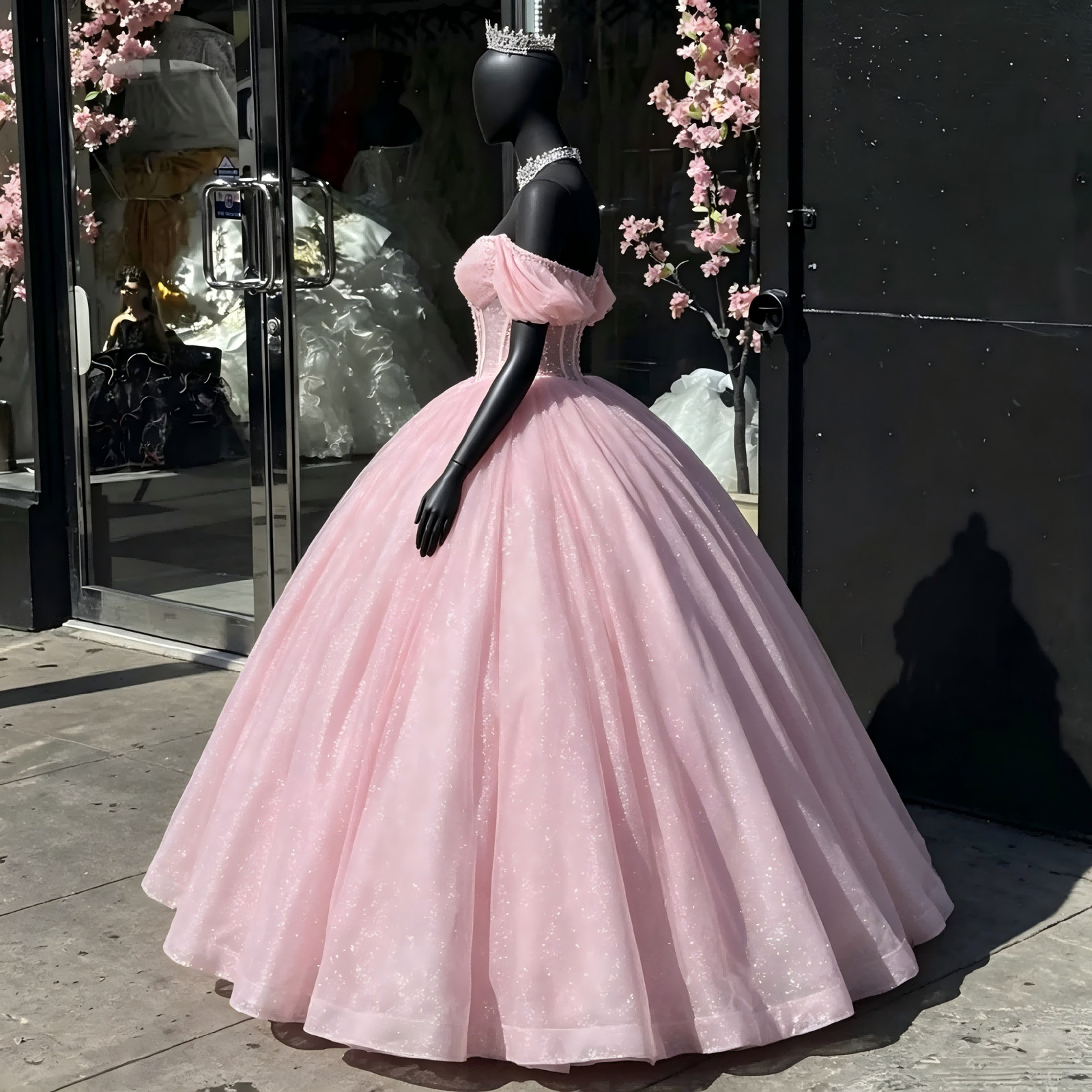 Pink Off Shoulder Sparkly Quinceanera Dresses Glitter Corset Ball Gown Princess