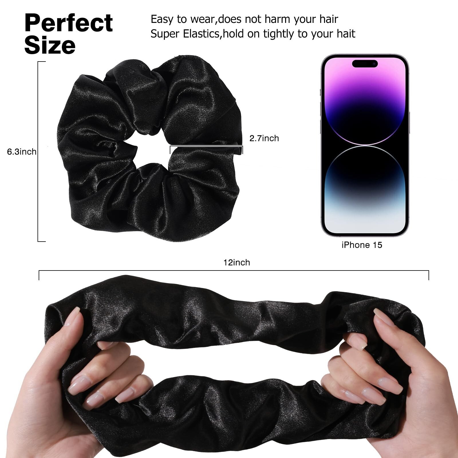 4PCS Black Satin Silk Scrunchies for Women, 6.3Inches Extra Large Hair Scrunc…