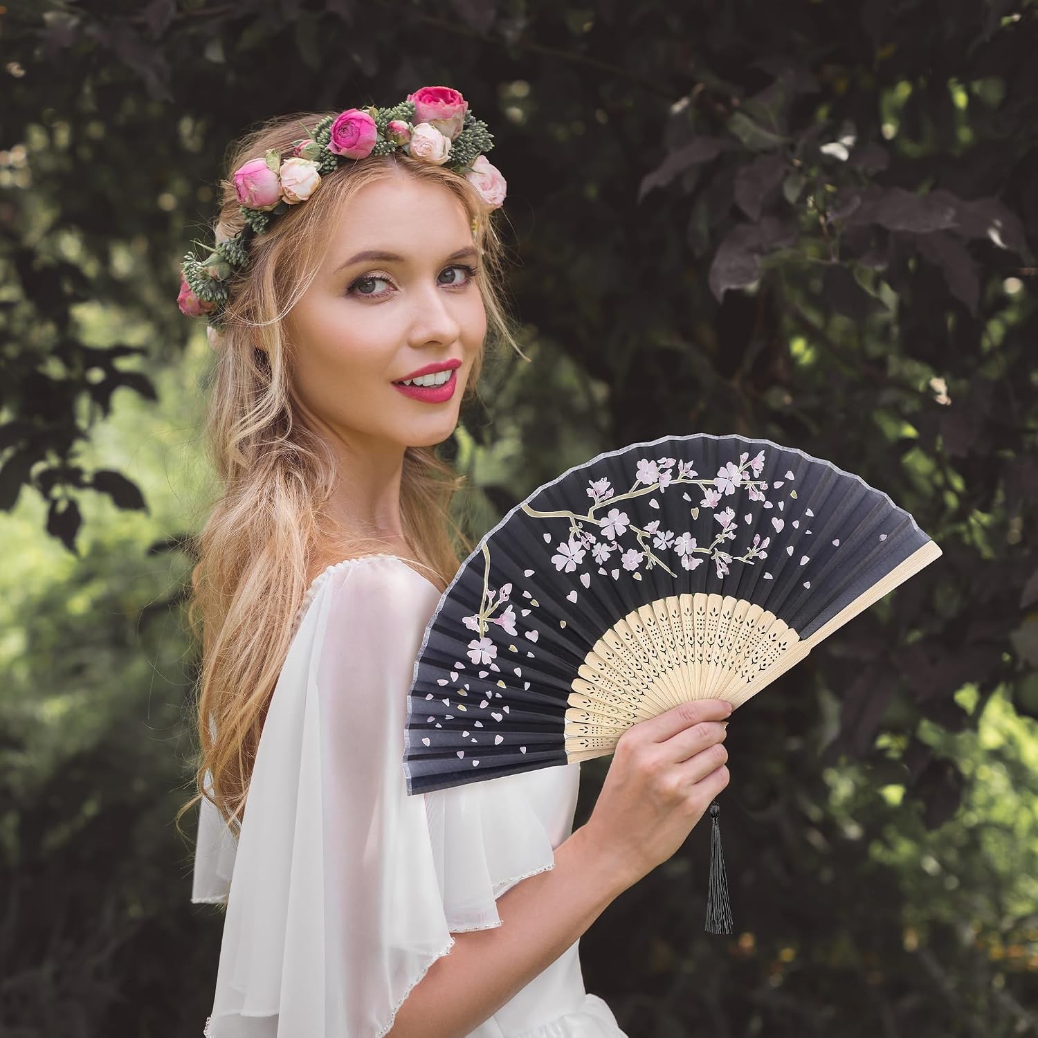 4 Pieces Folding Fans, Silk Fabric, Hand Holding Fans, Retro Style, Color D