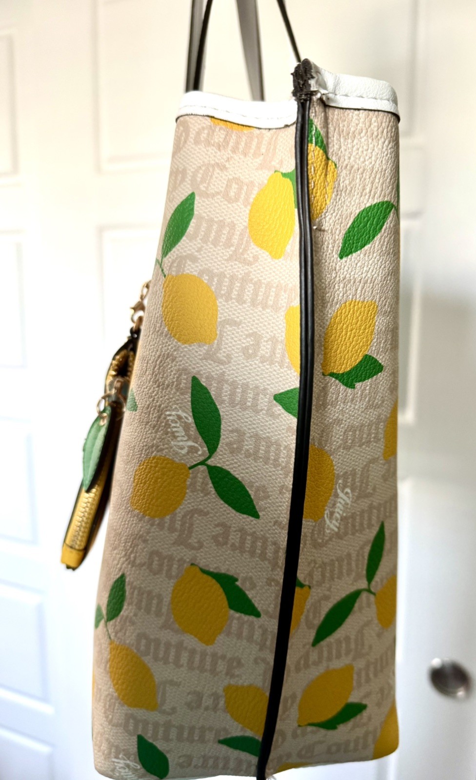 Juicy Couture Fruitful Lemon Tote Bag Sandstone White Monogram Wallet Charm NWT