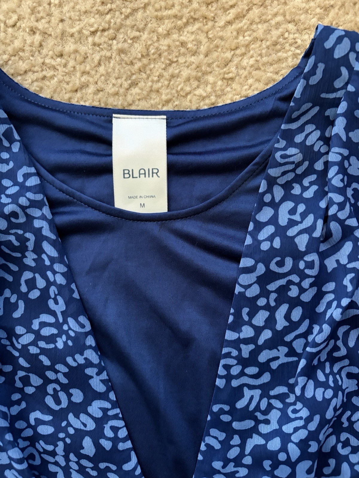 Blair Blue Leopard Animal Print Wrap Blouse V-Neck 3/4 Sleeve Size M