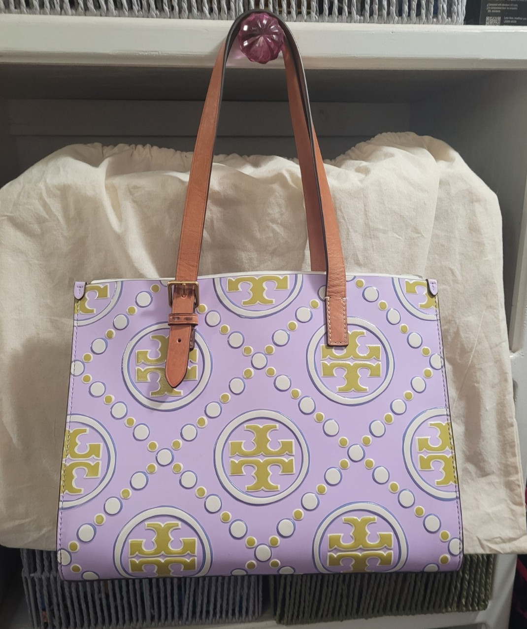 TORY BURCH T Monogram Embossed Tote Wallet Bag Charm & Lavender New Ivory $835