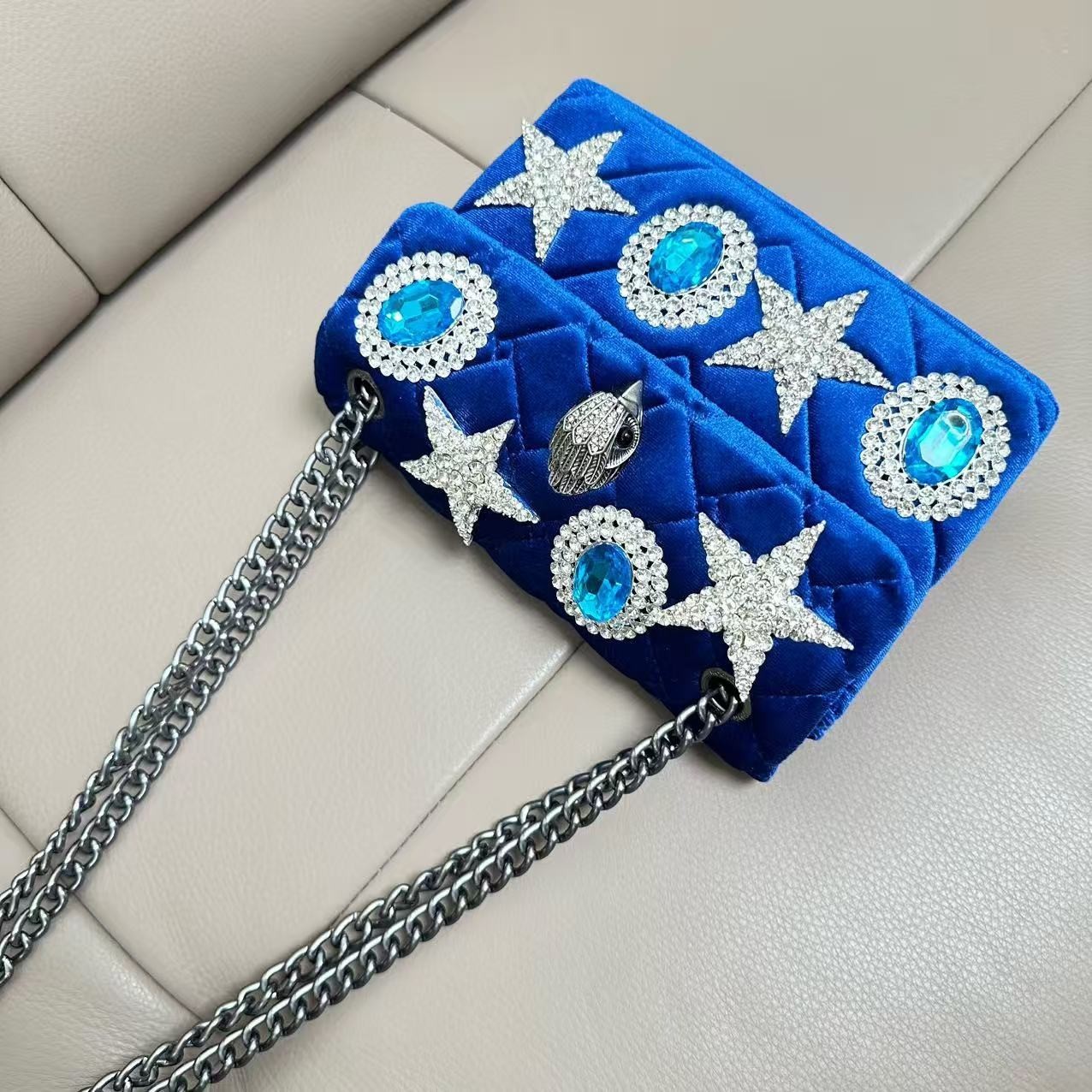 Kurt Geiger London Cobalt Velvet Quilted Crossbody Silver Eagle Star 20×8×15 cm
