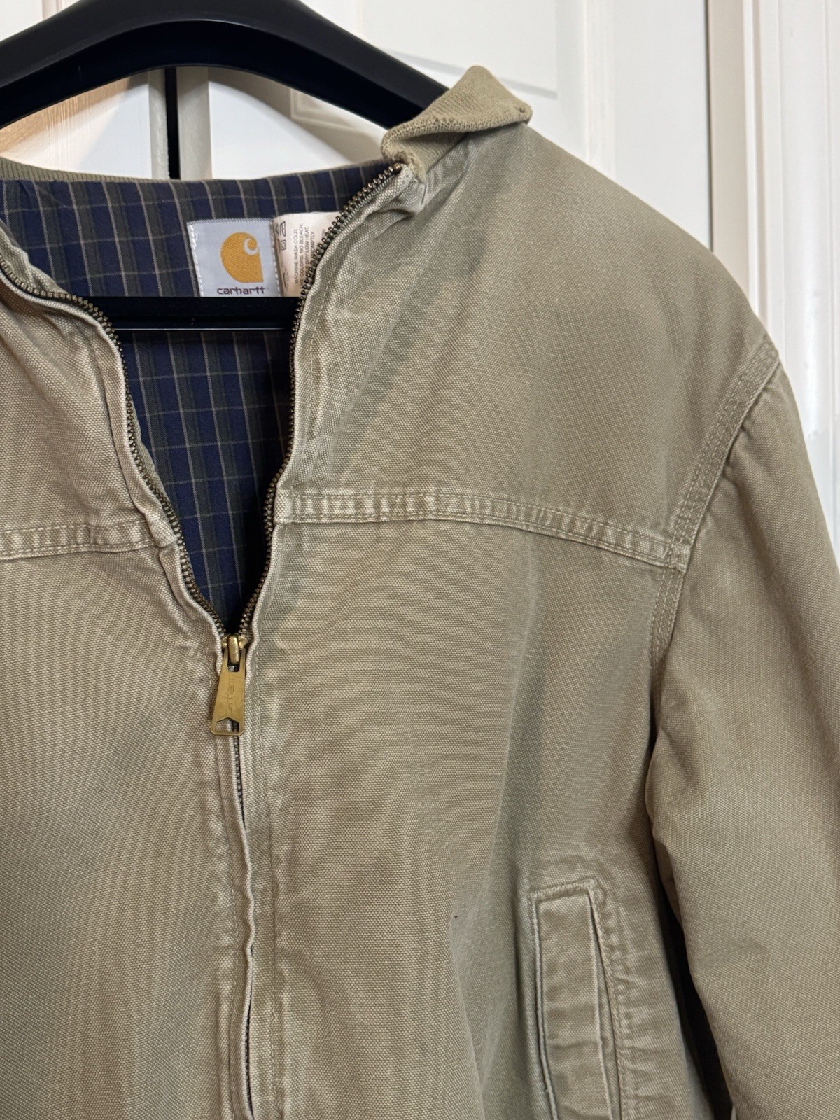 Vintage 90s Carhartt Plainsman Duck Canvas Bomber Jacket Taupe Size L