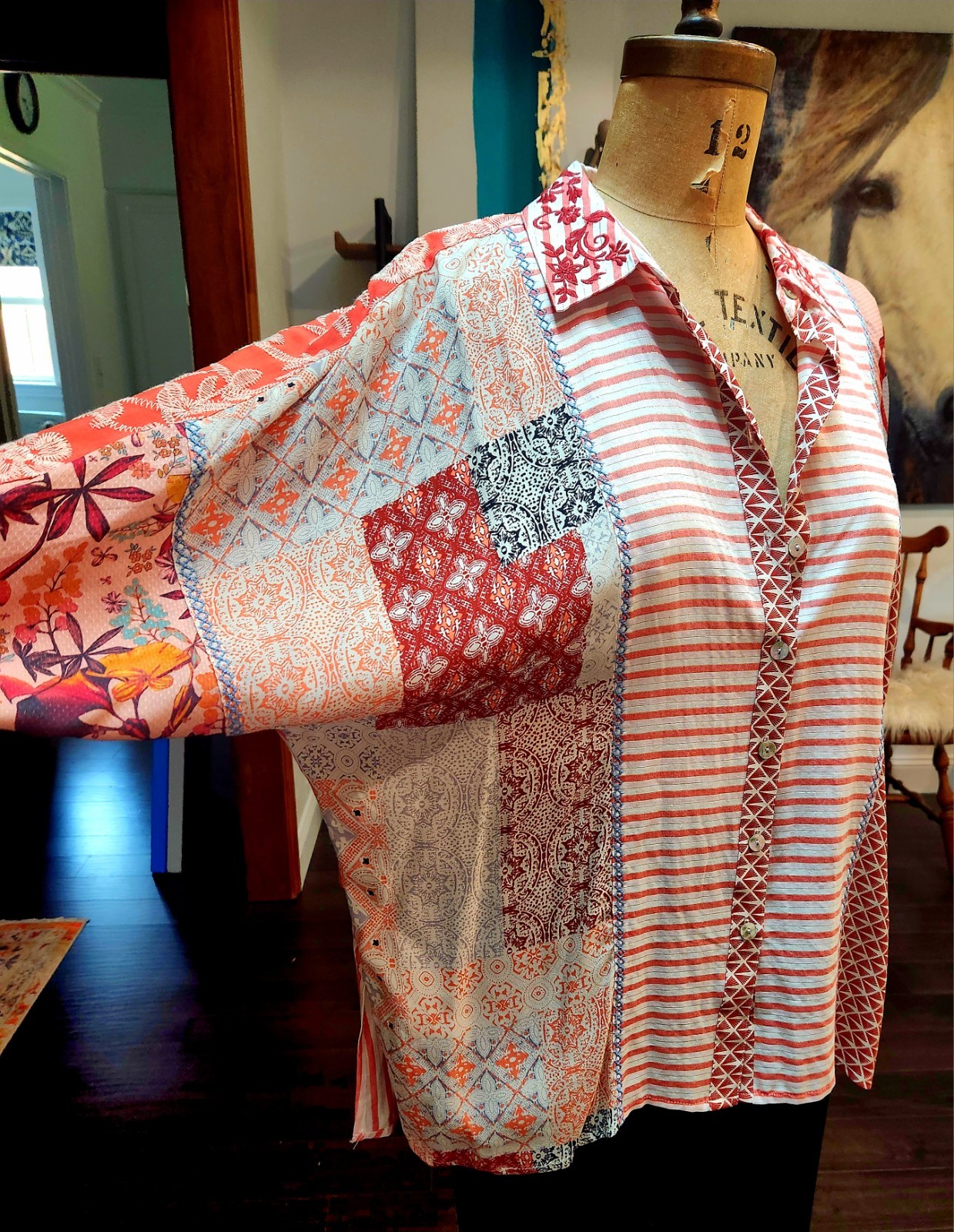 John Mark Patchwork Embroidered Blouse Size S/M Coral Scallop Panel NWT