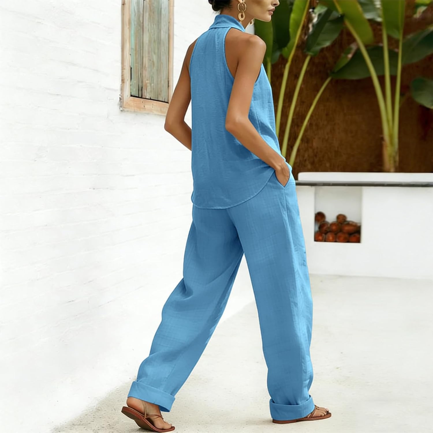 Women’s Linen 2 Piece Set V Neck Halter Top Baggy Wide Leg Pants Summer Outfit