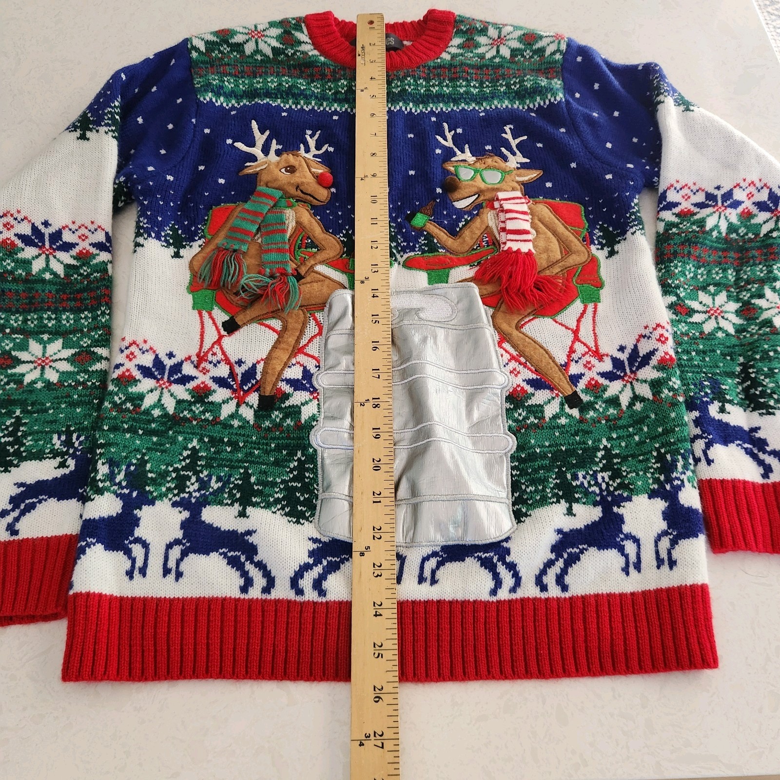 Ugly Christmas Sweater 33 Degrees Holiday Reindeer Beer Bottle Pocket Sz S