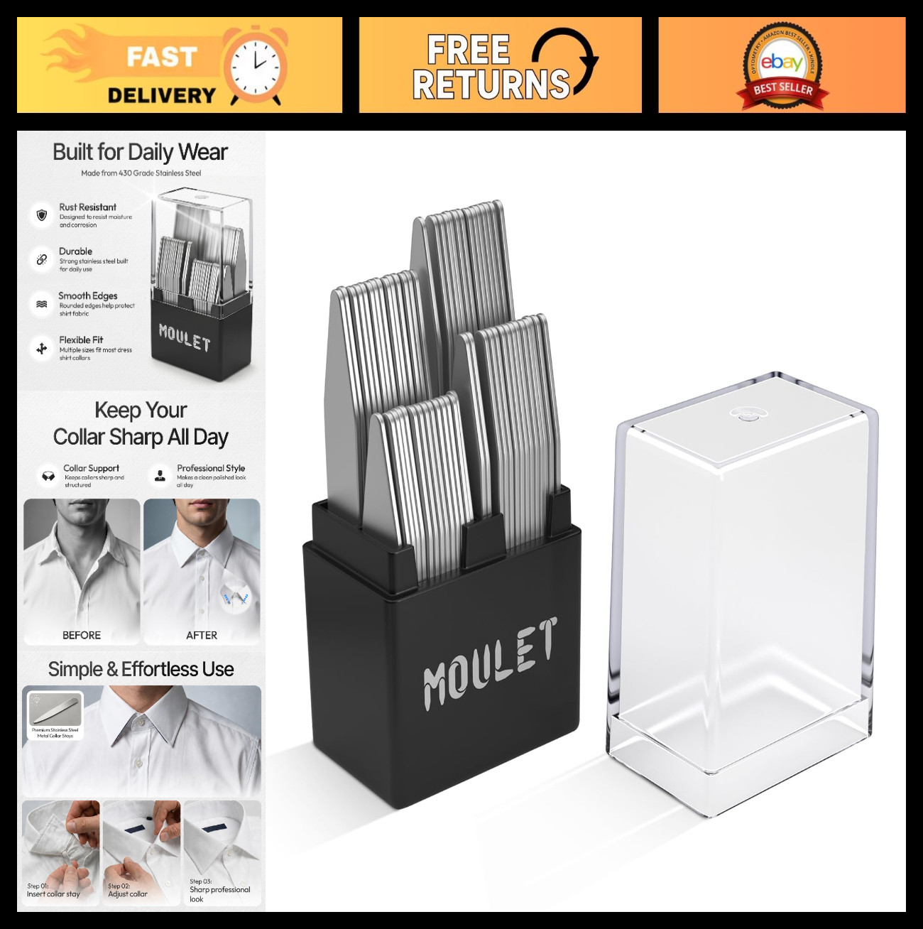 56-Piece Collar Stays Set – 4 Sizes with Precision Case – Perfect Gift for Men