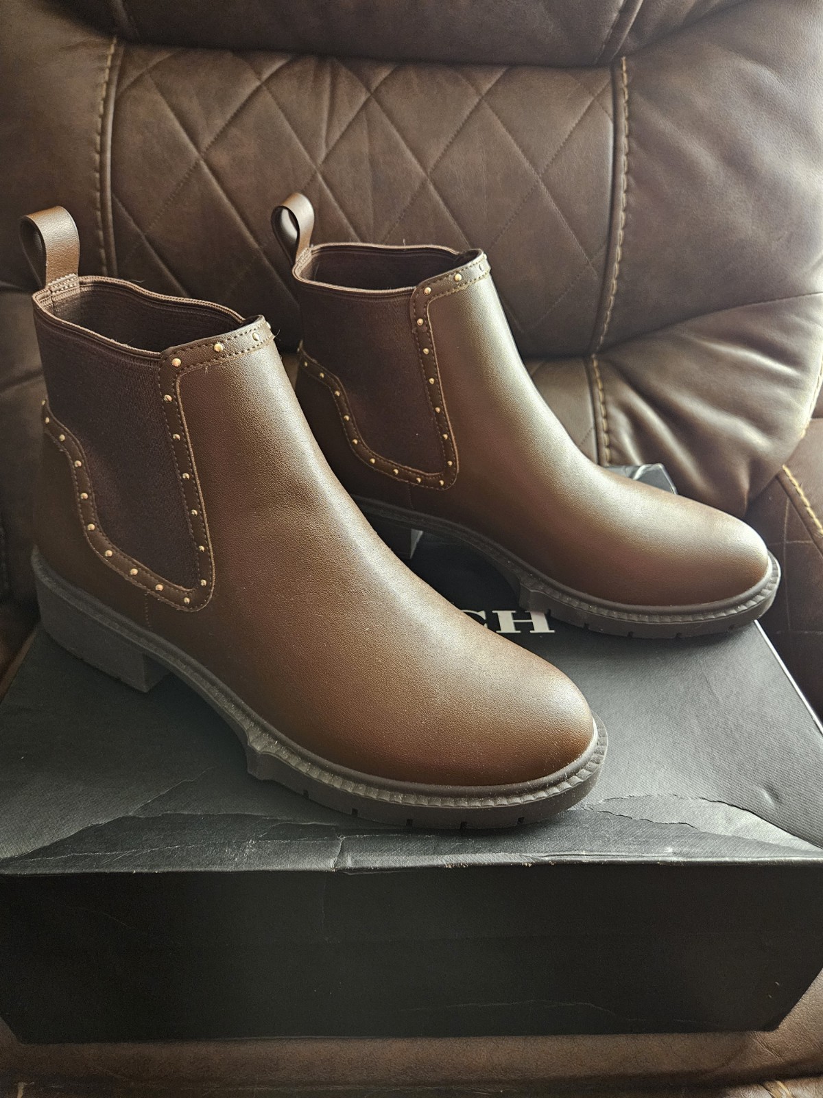 Coach Lory Leather Booties, Size 9 B in Walnut New