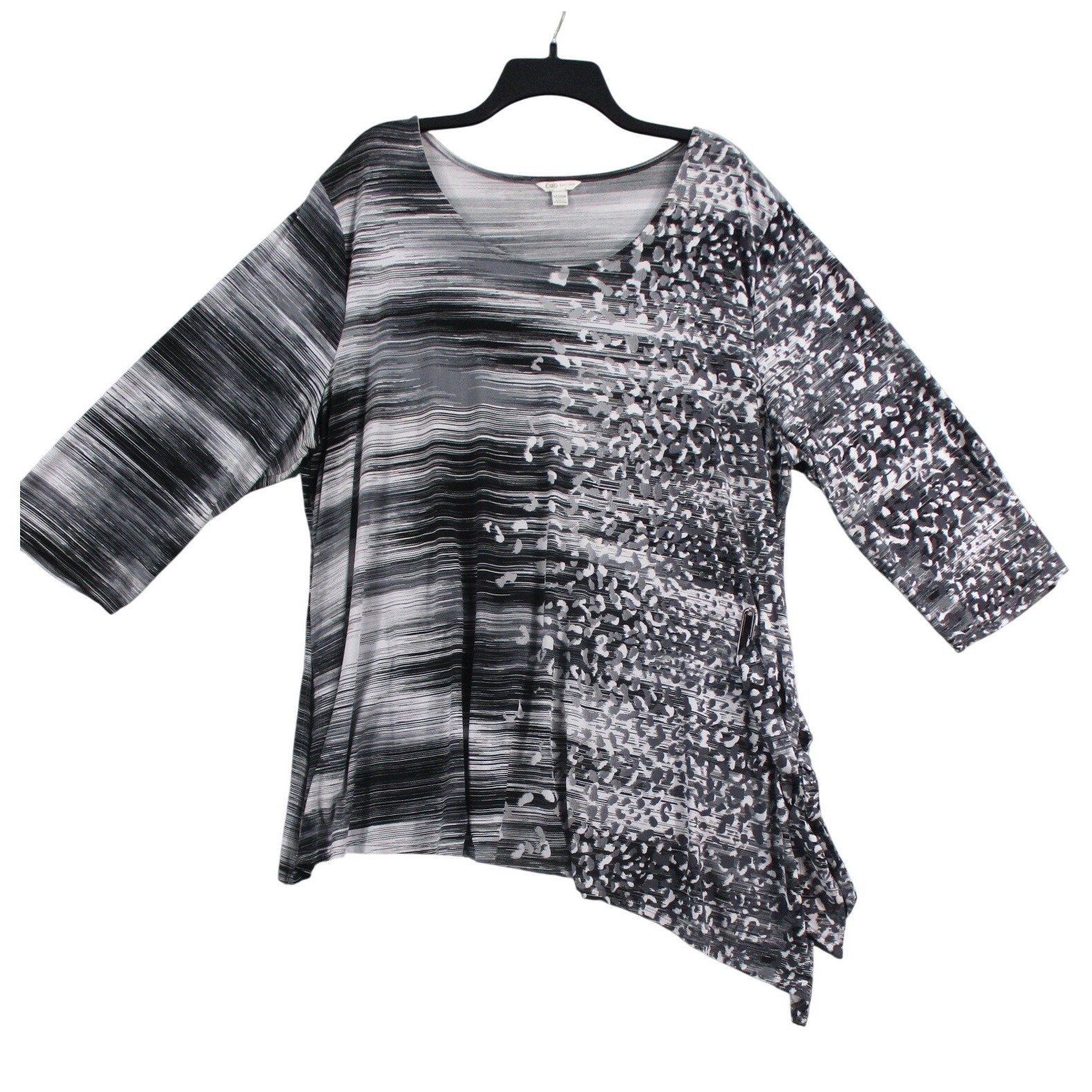 Cato Womens Plus Size 22/24W Abstract Print Asymmetric Hem 3/4 Sleeve Top Black