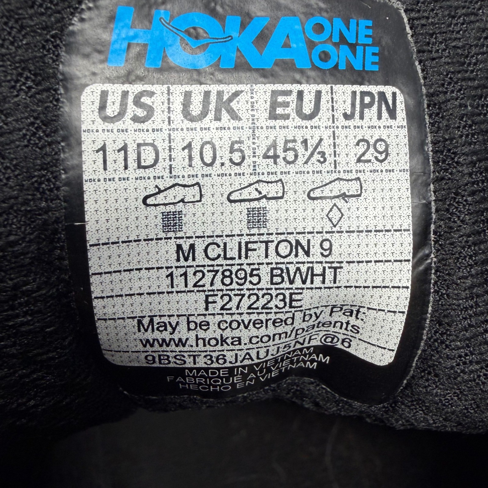 Hoka Clifton 9 Mens Running Shoes Black White 1127895 BWHT Size 11D