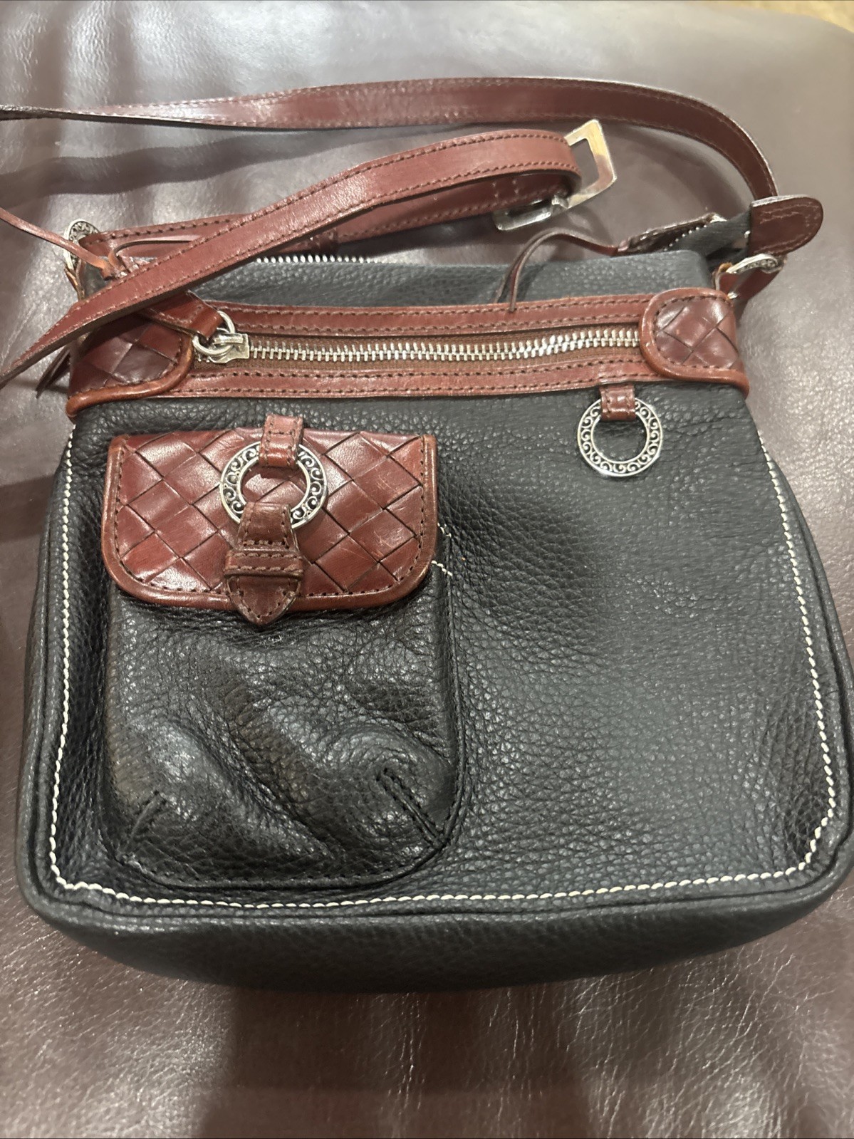 Brighton Crossbody Bag Small Black Leather Brown Trim Card Slots Pockets 8”by 8”