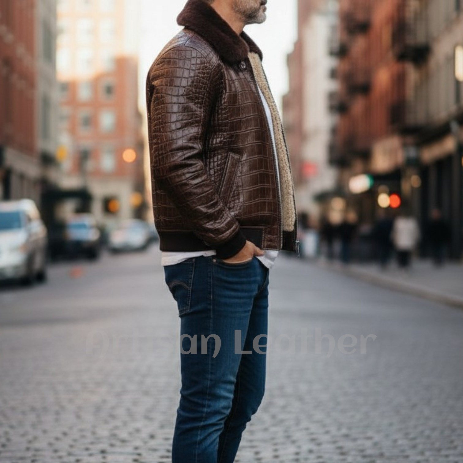 Luxury Crocodile Embossed Leather Jacket Men’s Fur Lined Winter Coat Bomber