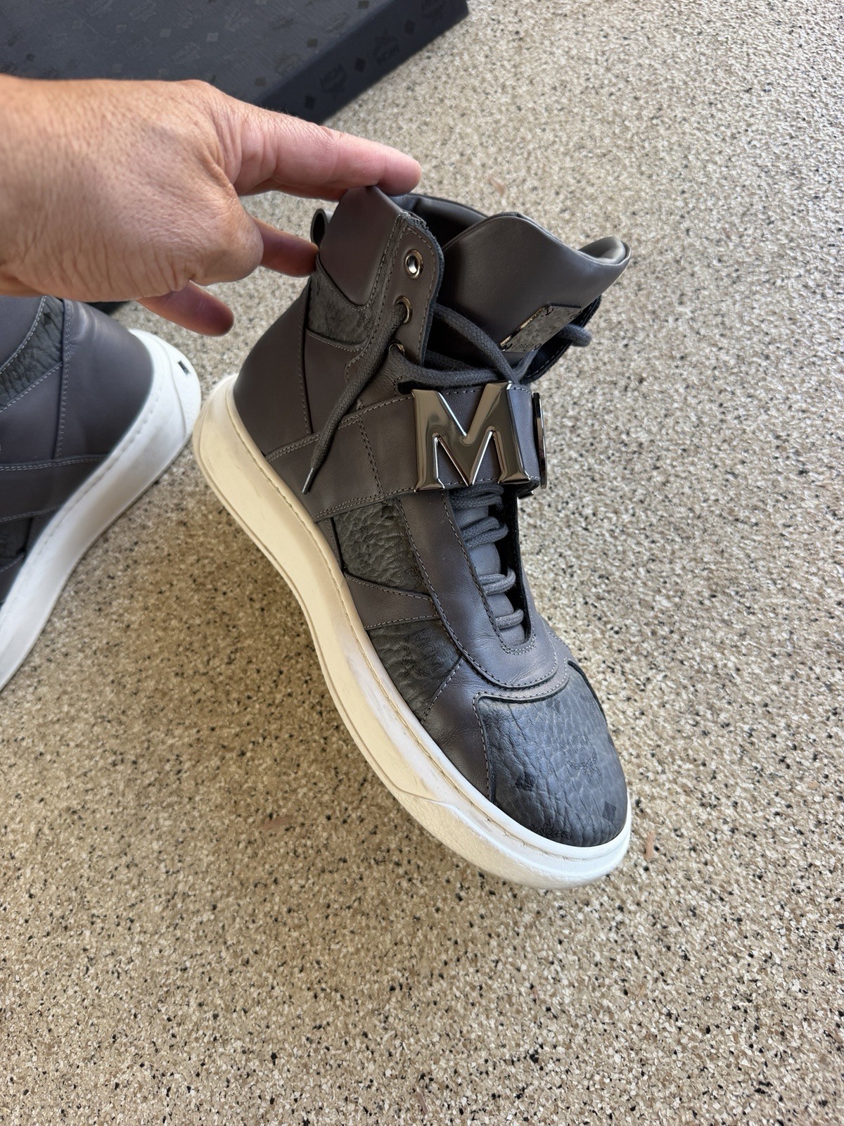 MCM Men’s High Top GRAY Leather Lace-Up Sneakers Black/White Logo Pattern