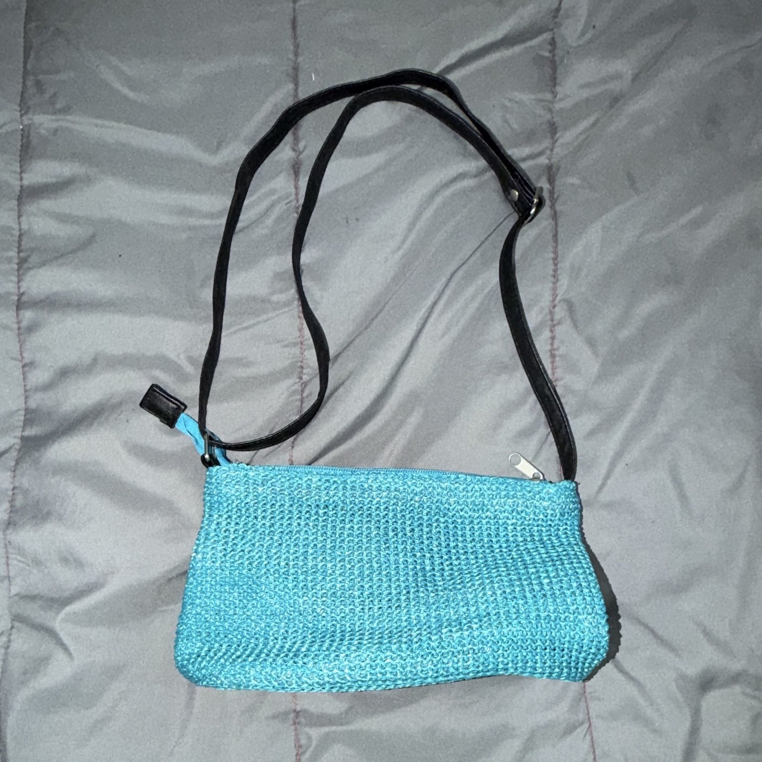 Women’s Blue Woven Look Shoulder Bag, Black Strap, Zip Closure, Small