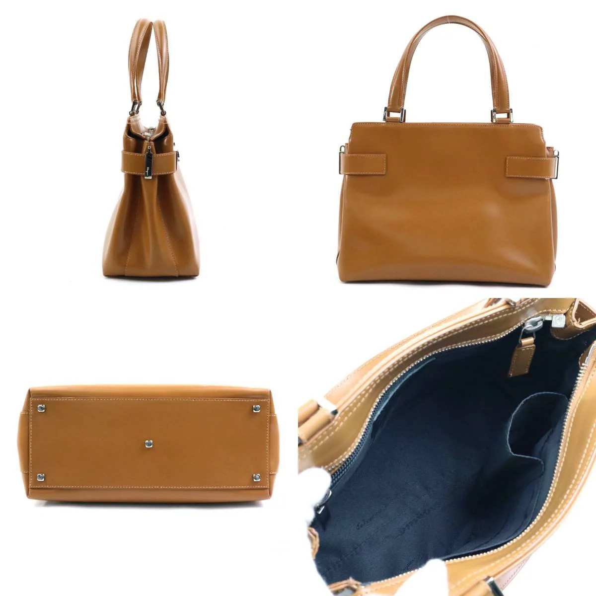 FERRAGAMO Gancini 2-Way Bag Camel Leather Handbag H7.4 W9.8 D4.5 Strap 34.8in