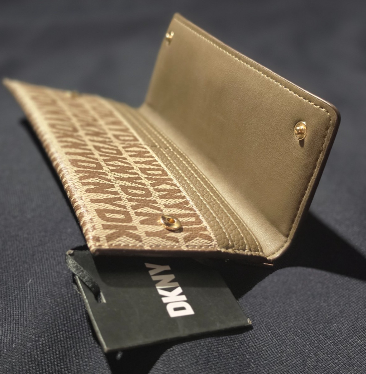 DKNY Women’s Logo Continental Wallet Tan Brown Monogram Faux Leather