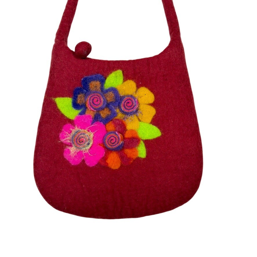 Handmade Nepal Felt Wool Floral Shoulder Bag Red Boho Artisan Purse Zip Top