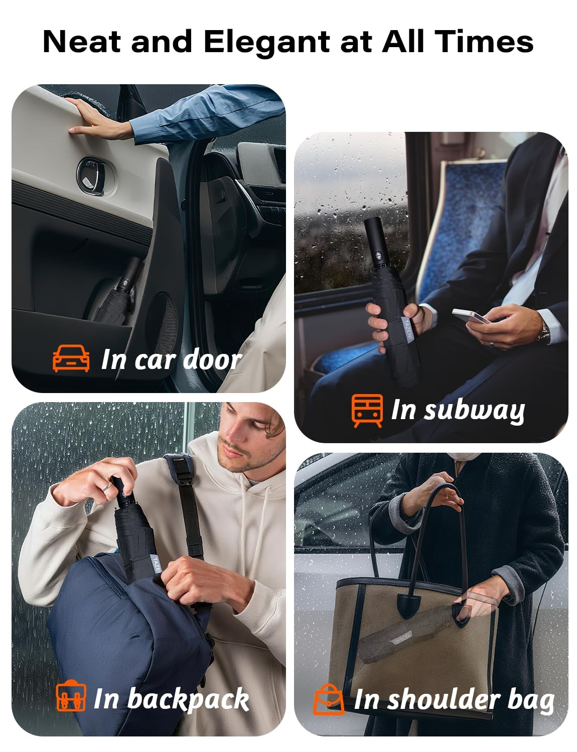 Auto-Tidy Travel Umbrella, Auto Open Close Compact Umbrella for Rain, BIACK