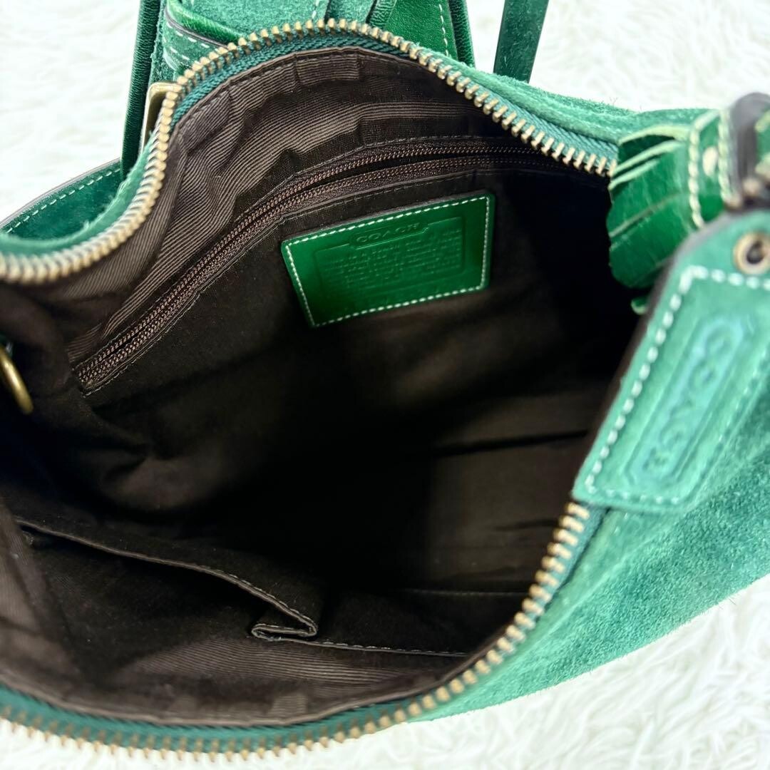 COACH Vintage Suede Hobo Shoulder Bag Green Gold Tassel Women 12.6in Lush Style