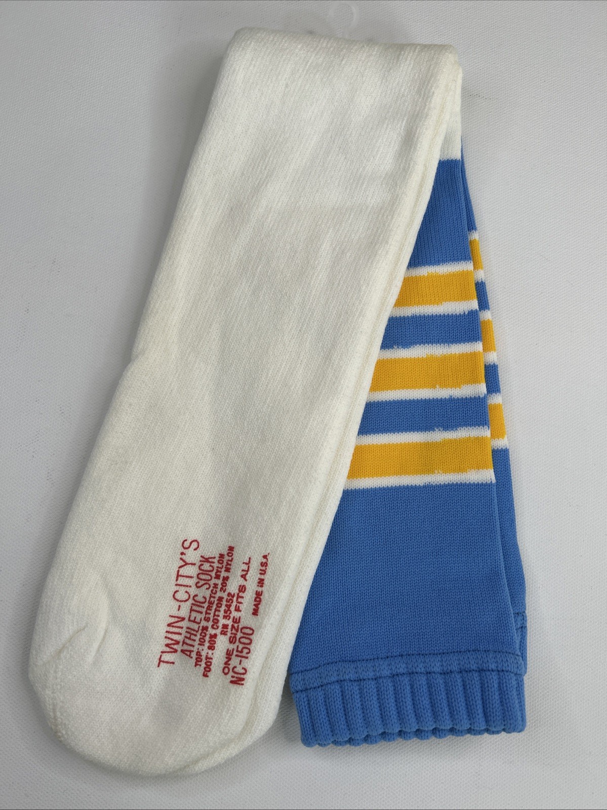 VTG 1980s 24″ Tube Socks Cotton Nylon OSFA NOS 90s Twin City’s USA Blue Yellow.