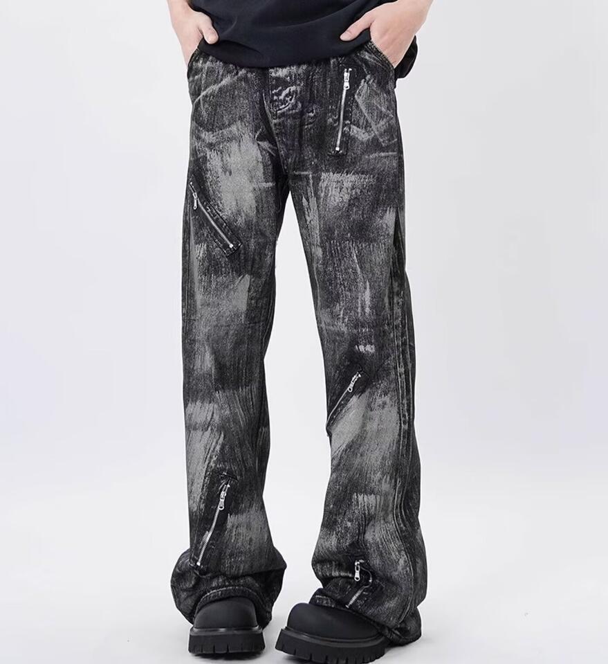 Men’s Black Denim Jeans Straight Leg Casual Zipper Pants Trousers Punk Hip Hop