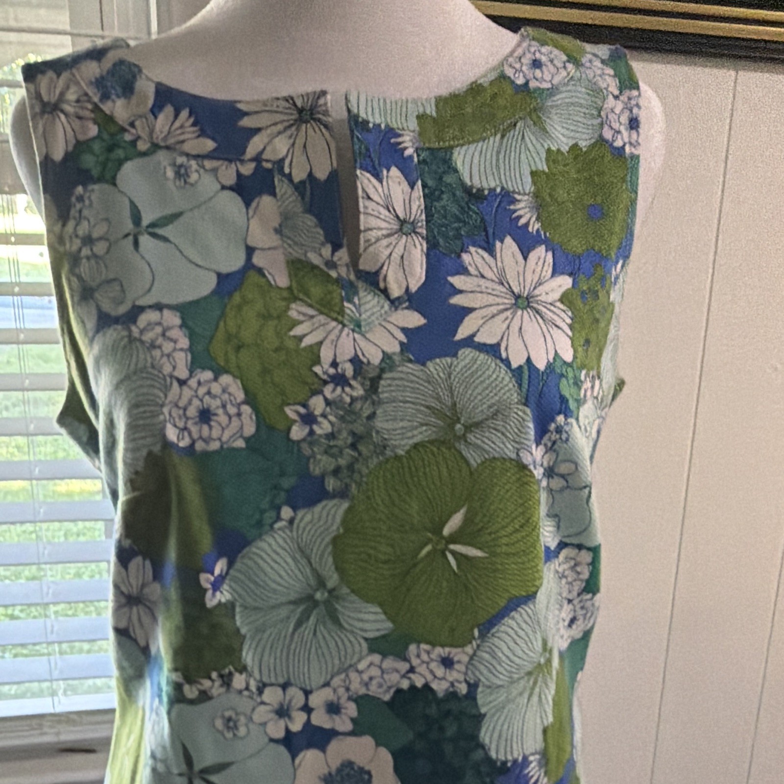 Talbots Womens 8 Blue Green White Floral Sheath Knee Dress Cotton Zip Woven