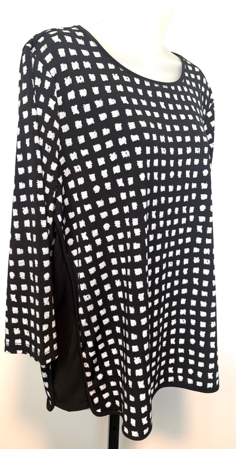 Susan Graver Tunic Top Women’s L Black Checkerboard Print Liquid Knit 3/4 Sleeve
