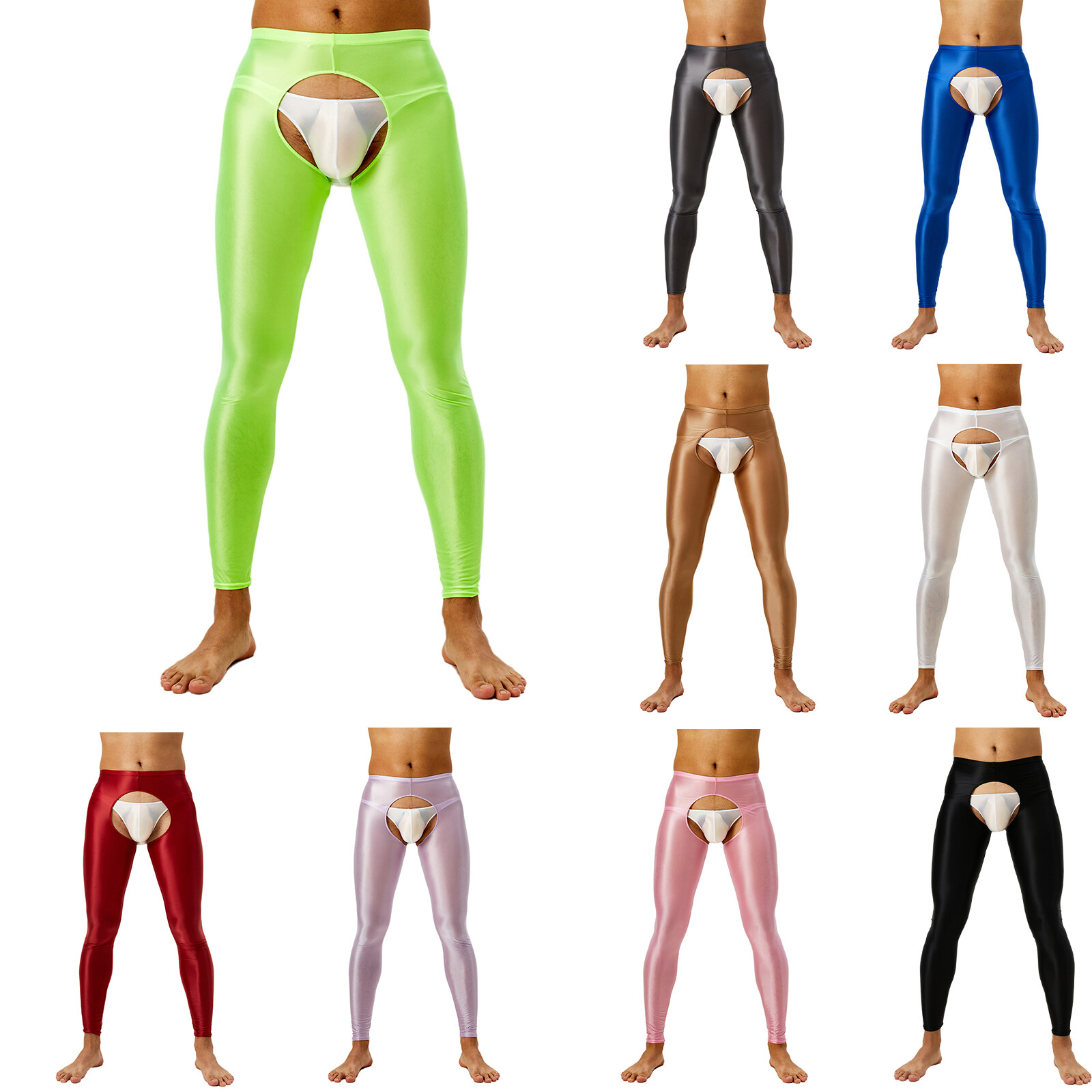 US YiZYiF Men Pantyhose Pants Shiny Open Crotch Tights Sheer Hot Pants Underwear