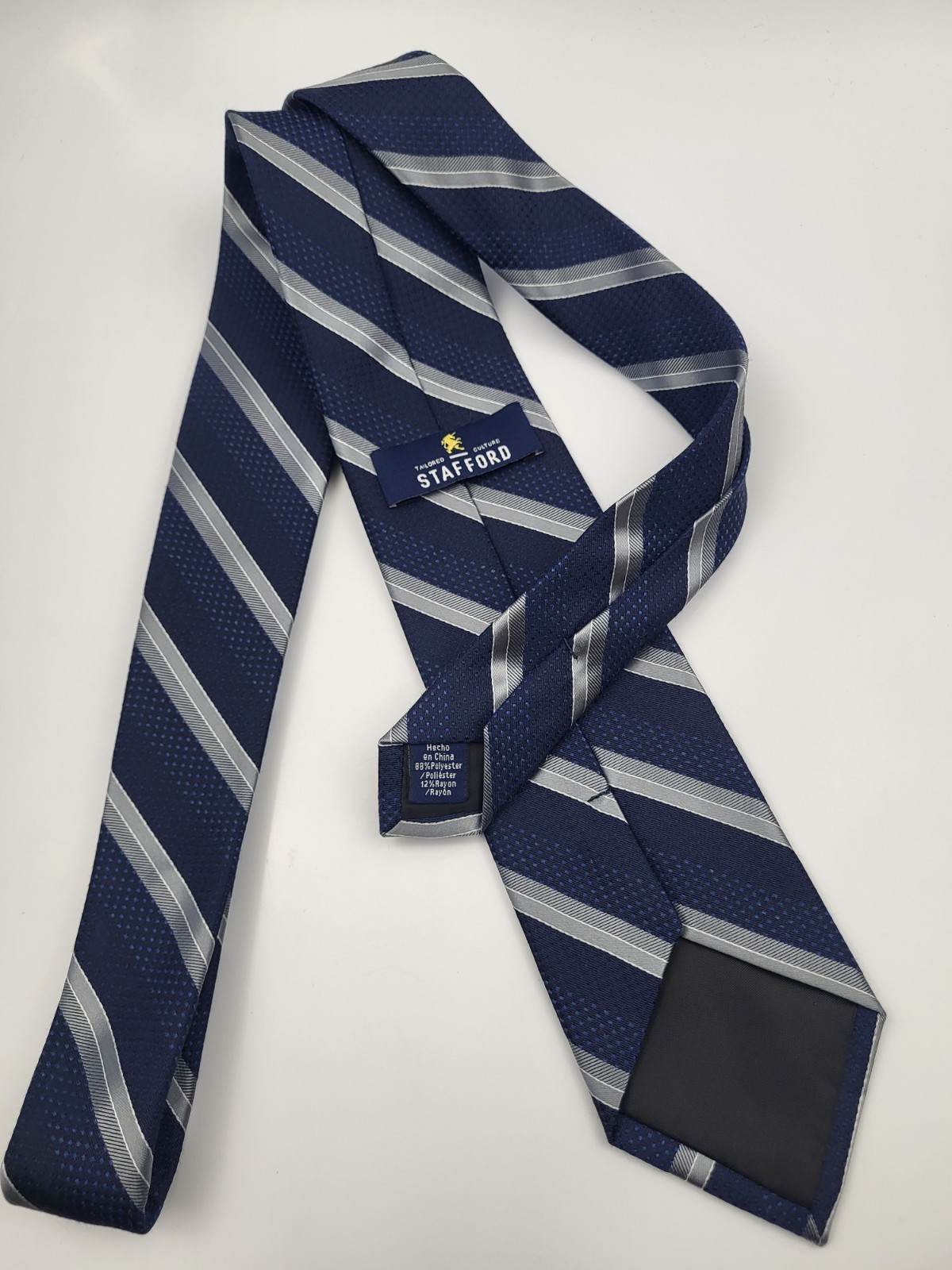 Stafford Polyester Rayon Tie Blue Gray Silver Stripes Men Necktie 57 x 3