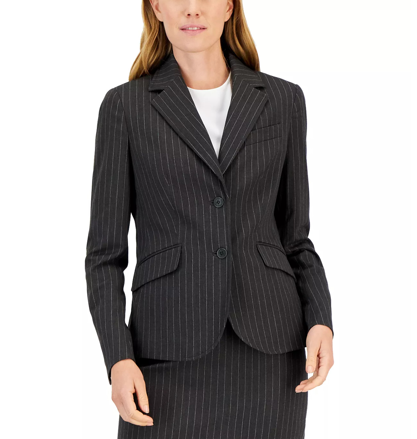 Anne Klein Womens Blazer Size 6 Jacket Button Pinstripe Black Wool Blend Petite
