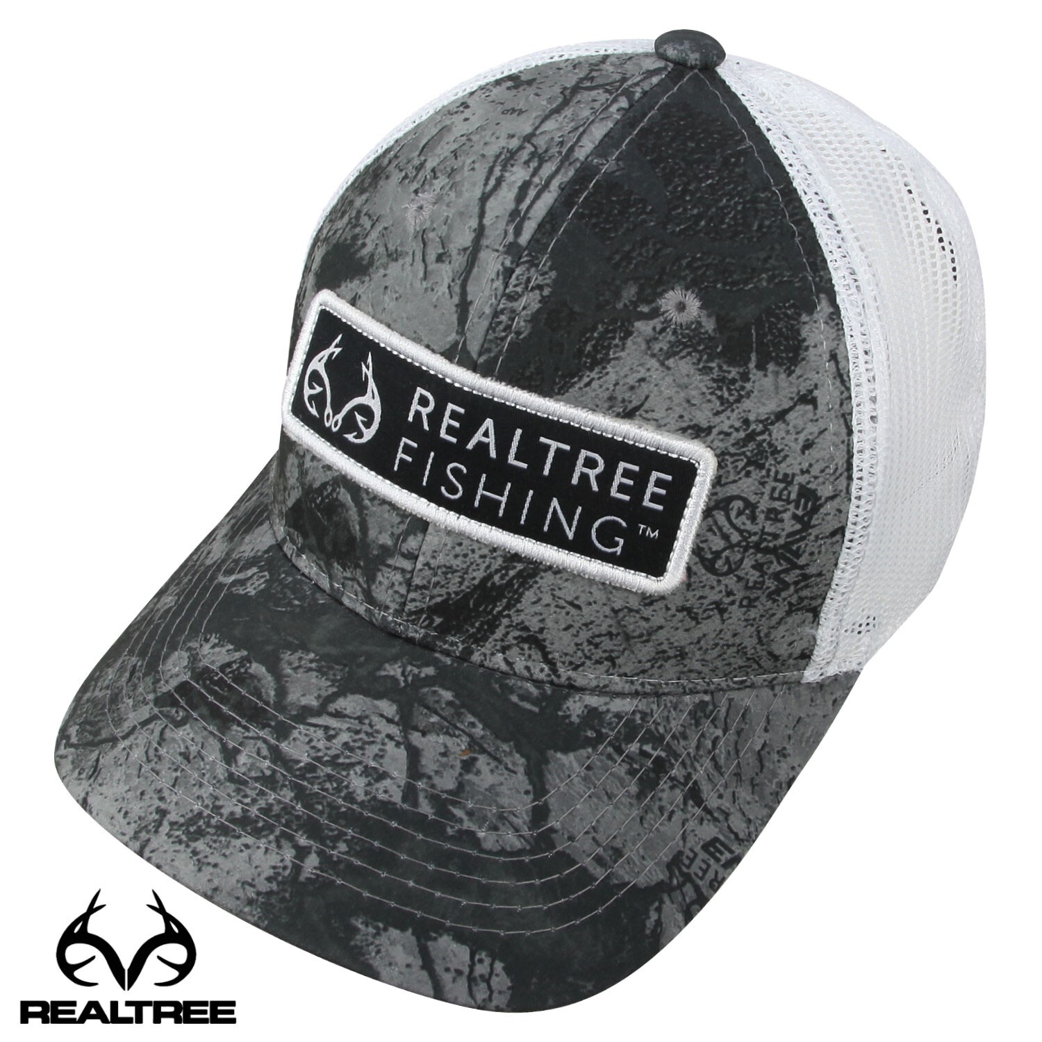 Realtree Fishing Hook Horn Patch Mesh Back Cap- Wave3 Grey Mirage Caviar/White