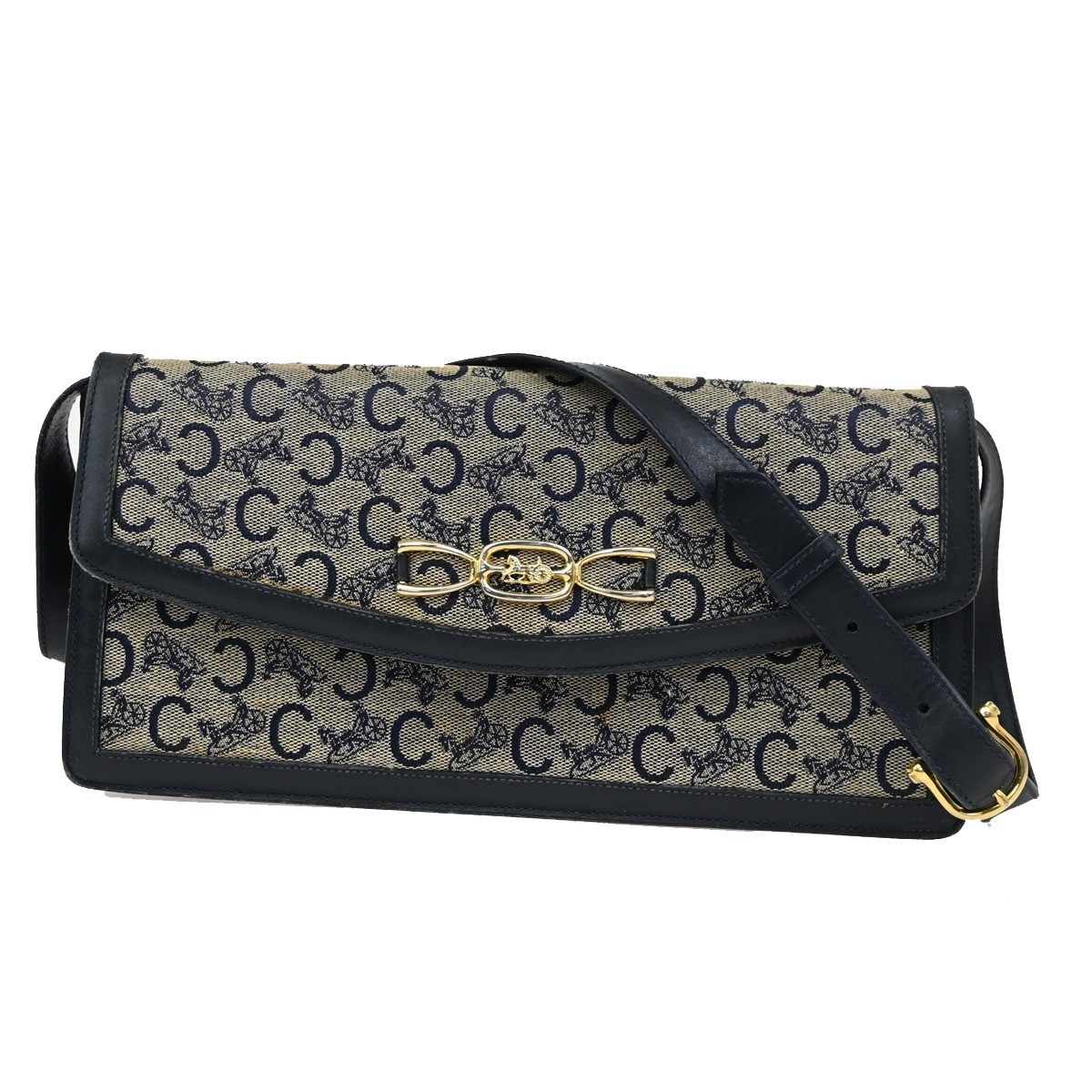 CELINE Logo C Macadam Horse Carriage Shoulder Bag Canvas Leather Blue 68KP174