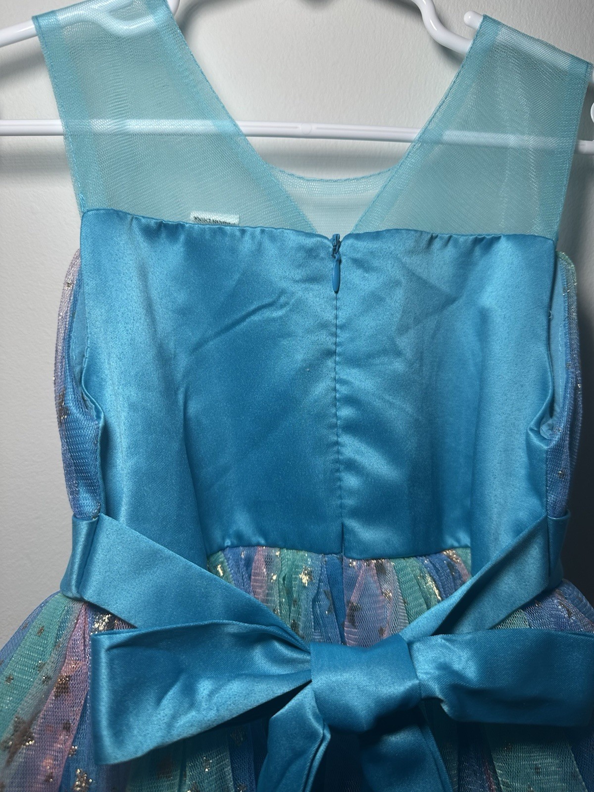 5T/5Y Elegant Sheer Rainbow Tulle Dress With Bows And Gold Stars For Girls