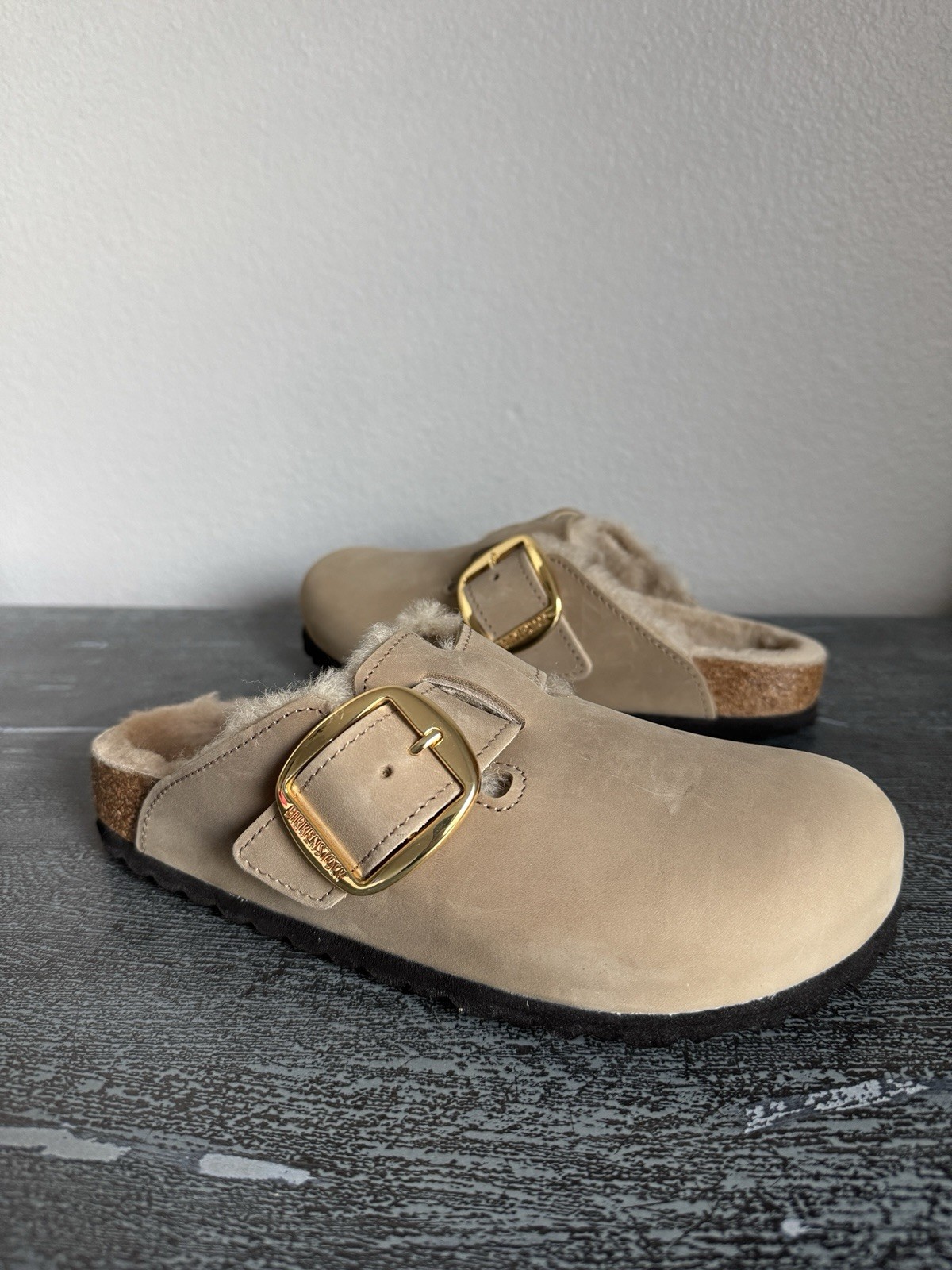 NEW! Birkenstock Boston Big Buckle Shearling Oiled Leather Tobacco Brown Size 37