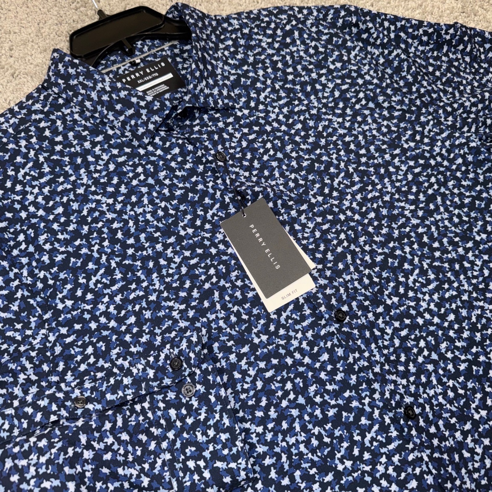 Perry Ellis Button Down Mens Slim Fit Stretch Wicking Blue Geometric Sz XXL NEW