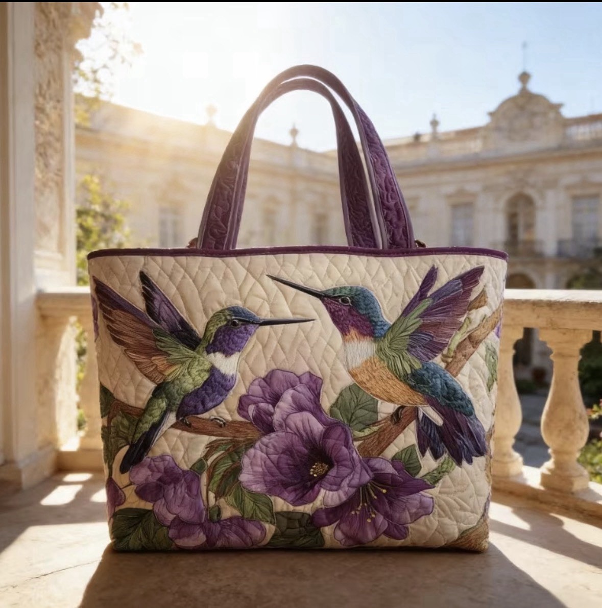Purple Hummingbird Floral Waterproof Canvas Nylon Blend Tote Beach Bag,